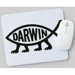 Mousepad mit schwarzem Darwinfisch auf weißem Hintergrund